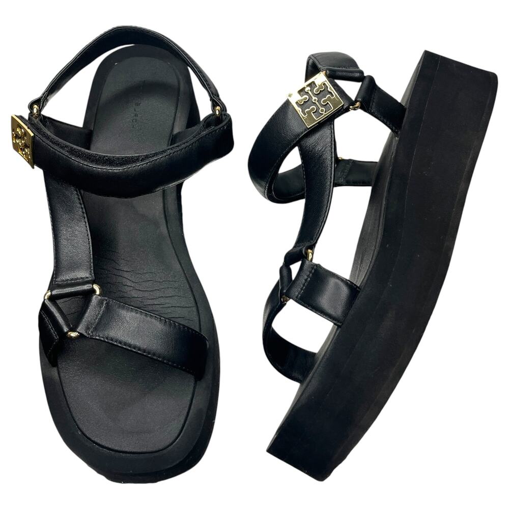 Tory Burch Sandals 12M 42.5 Mellow Platform Black Gold Logo Leather Hook & Loop